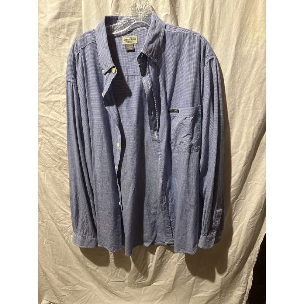 Guess Jeans Mens XL Blue White Gingham Cotton Button Down Long Sleeve Shirt